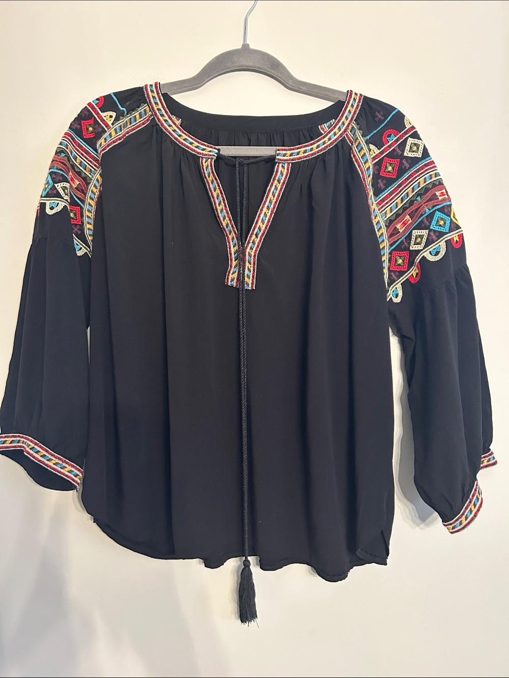 Boho Embroidered Black Peasant Tunic with Multicolor Trim